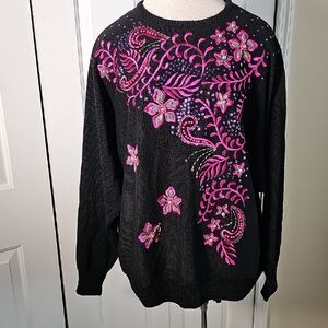 Malain Black Sweater‎ with Pink Floral Accents, Enbrodery, and Beads. XL